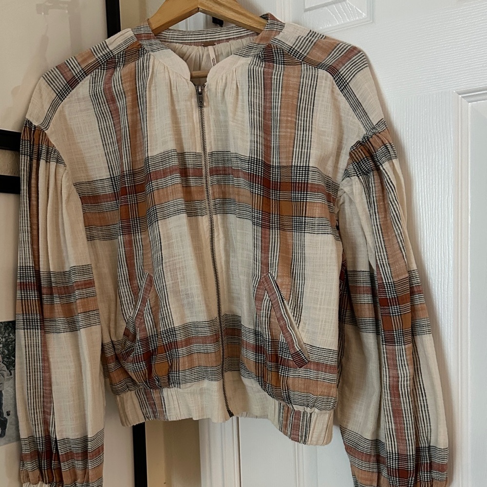 Free People Plaid Bomber Jacket in Cream and Brown